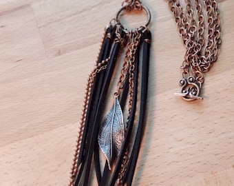 Boho Tassel Necklace, Bohemian tassel, copper and black leather tassel, long necklace, long tassel, unique tassel necklace, long chain