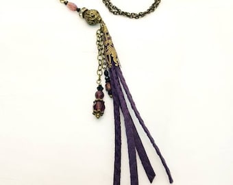 Purple Leather Tassel Necklace, Antique Brass Pendant Focal, tassel accent, crystal bead accents, Antique brass chain, purple jewelry