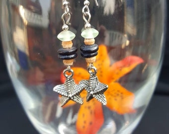 Starfish Earrings, Antique Silver Starfish Earrings,  Beachcomber Earrings, seaglass style earrings, handmade beaded earrings