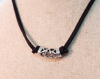 Silver Filigree slider, Black Vegan Leather, Choker Necklace, Gothic Chic, leather jewelry, silver jewelry, heart slider