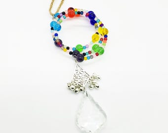 Spiral Suncatcher, new home and gardener gift,  Multicolor beads, spiral coiled wire, chimes and prism, Rainbow color windchime, spins
