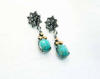 Turquoise Oval stone with Rhine leaf earrings, floral and botanical jewelry, dangle drops, long earrings, Turquoise Baroque Style earring