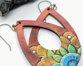 Southwest Cactus Teardrop Earrings, Painted Wood Dangles