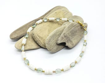 Puka Shell Anklet: Boho Beach Jewelry, Gold & Green Accents