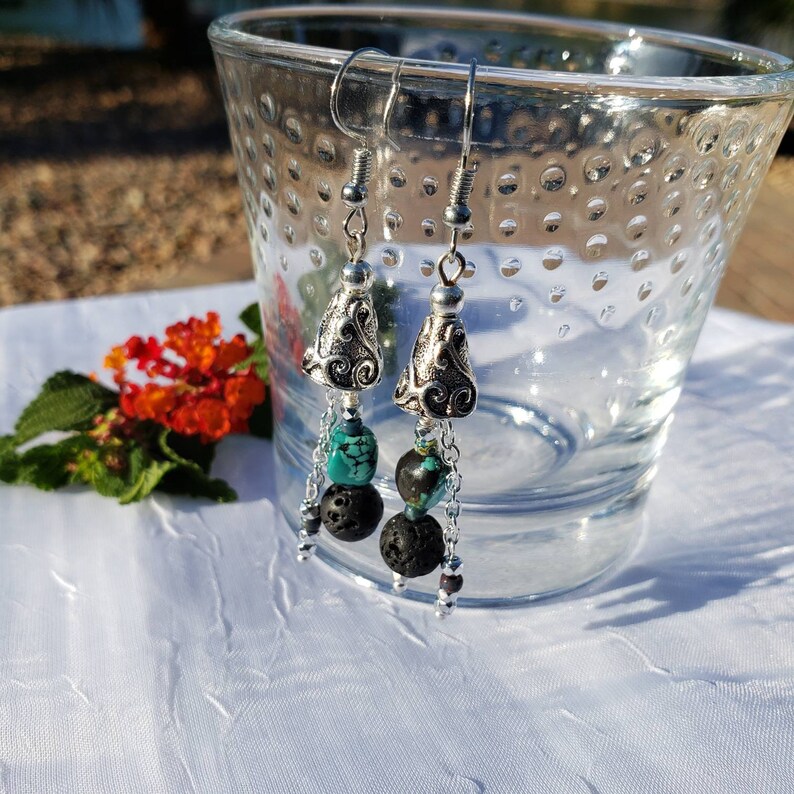 mini crystal dangle on chain handmade samll turquoise nugget antique silver bicone cap Genuine Turquoise earrings with Lava Bead Dangle