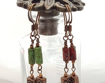 Copper Earrings, herringbone copper, dangle bead, Czech Picasso Tube Beads, Tribal Bohemian Tube Bead, Czech Glass Beads, Wampum Beads