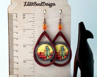 Southwest Cactus Wood Printed Teardrop Earrings, Laser Painted Wood Dangle Earrings, Cactus Earrings, Cactus Sunset, teardrop dangle earring