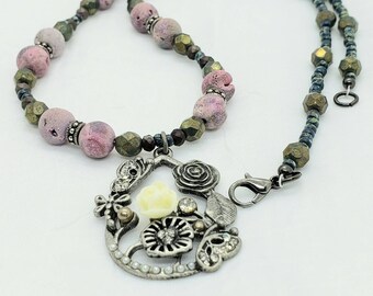 Victorian Flower Pendant, Necklace Set, Grey blue Picasso beads, Mauve, rose druzy beads, BohoChic, womens gifts, unique anniversary,sparkly