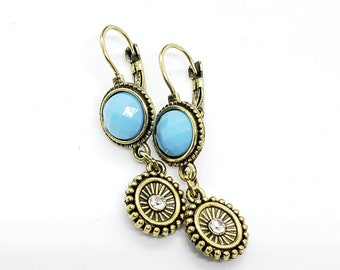 Earrings, Turquoise Blue Green & Bronze Layered Earrings, Gold Tone Findings, Rhinestone Dangle, Vintage-style, lever back earrings