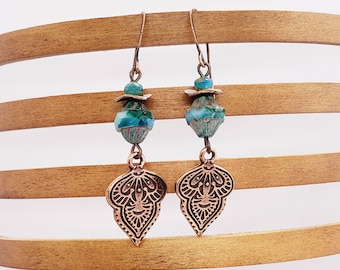 Copper Earrings, Dangle Charms, Rustic Turquoise Teardrop Earrings, Turquoise Boho Earrings, Czech Glass Mother's Day Earrings, Sisters Gift