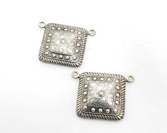 Pendants, Silver Squares with loops, Square Pendant, Antique Silver with Ornamental design, metal stamped