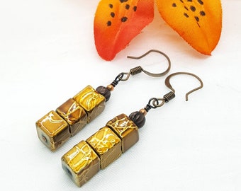 Metalic Copper Earrings, handmade ceramic beads, shiny copper squares, handmade ceramic, unique beaded earrings, boho jewelry