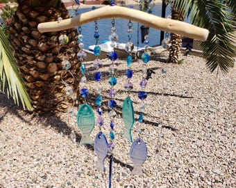 Suncatcher, Glass Fish and Prizm windchime, Garden Décor, crystal prism, coastal decor, beachwood, crystal beads, metal and wood, ocean