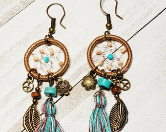 Southwestern Dreamcatcher Tassel Earrings, Antique Gold accent dangles, beaded dreamcatcher, western tassel jewelry, boho jewelry