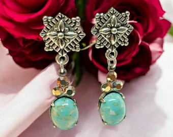 Turquoise Stone Dangle Earrings, Antique Silver Vine Leaf, Handmade