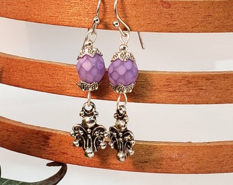 Purple Antique Silver Dangle Earrings, Lavender Picasso 8mm Faceted Bead Earrings, vintage style earrings, handmade earrings, drop earrings