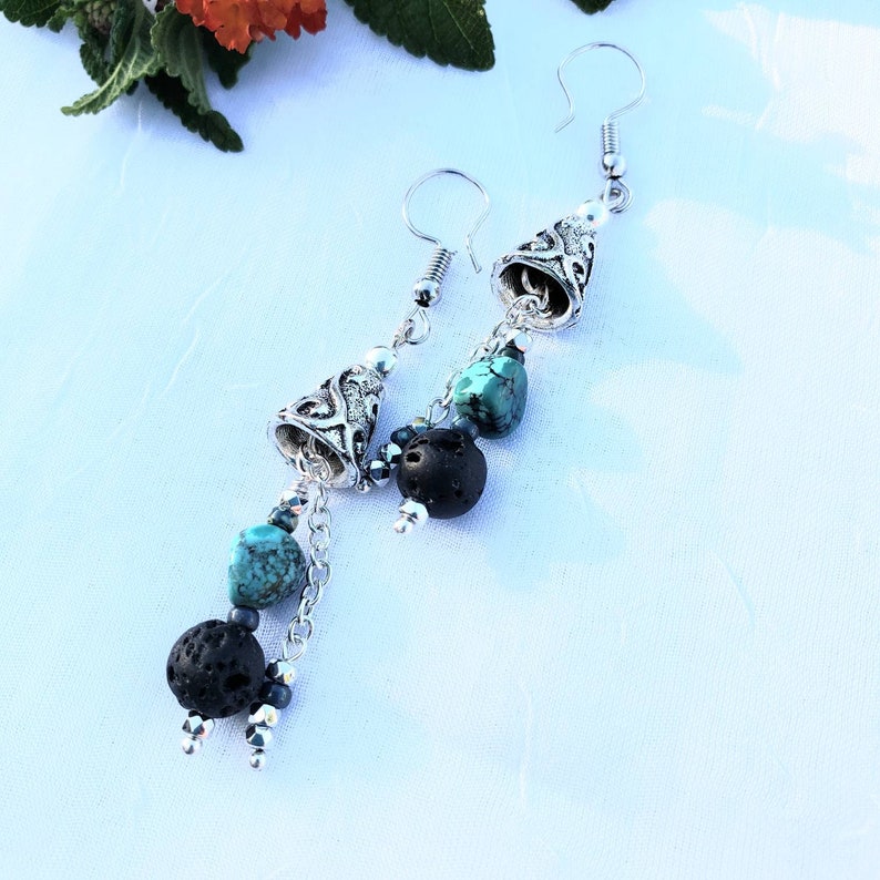 mini crystal dangle on chain handmade samll turquoise nugget antique silver bicone cap Genuine Turquoise earrings with Lava Bead Dangle