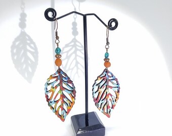 Wood Leaf Dangle Earrings, Turquoise Boho Jewelry
