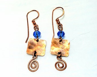 Copper earrings, Hammered Copper Squares, Blue crystal, Drop earrings, hammered copper, handmade copper jewelry, dangle earrings
