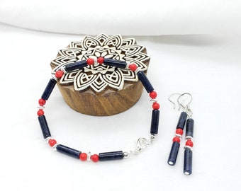 Blue and Red bracelet and Earring Set, Blue Dumortierite, red coral stone, bracelet earrings, enhances courage, Reiki Charged, red and blue