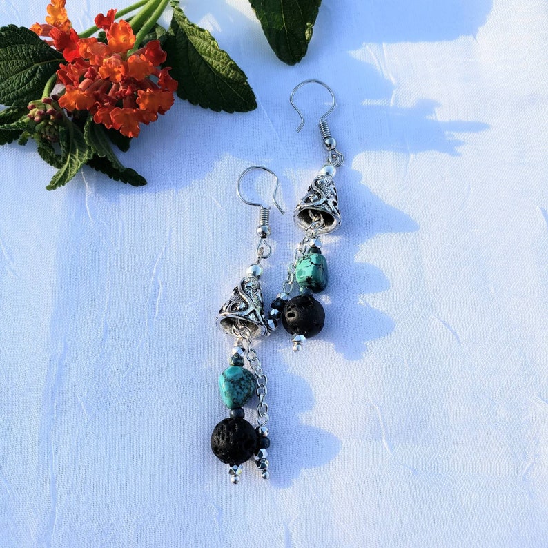 mini crystal dangle on chain handmade samll turquoise nugget antique silver bicone cap Genuine Turquoise earrings with Lava Bead Dangle