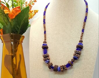Copper and Royal Blue Necklace- Big Bead Beauty!  Statement necklace, handmade jewelry,