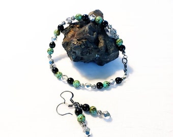 Beaded Bracelet and Earring Set, Boho Bracelet, Silver Crystal Earrings, Womens Bracelet Set, green black silver,