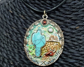 Cactus Pendant Necklace on Leather, Howlite turquoise, Southwest Jewelry, Desert Jewelry, western Boho, pendant and leather necklace