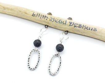 Lava Black Stone Diffuser Earrings;  Hoop Dangles; Aromatherapy Jewelry; Essential Oil Jewelry;