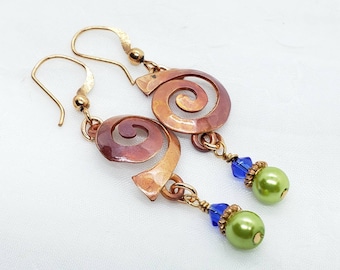 Beaded Copper Spiral Dangle Earrings, Forged copper spiral, Blue and Green, hammered copper, handmade copper earrings, flame painted spiral