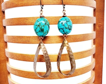 Southwestern Copper Turquoise Earrings, hammered Copper hoops, turquoise  western jewelry, pendant earrings, boho jewelry, large hoops