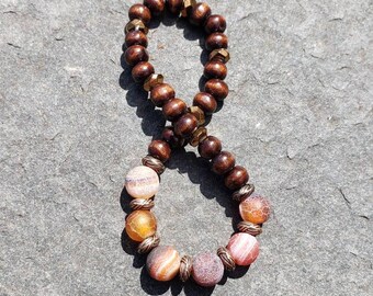 Agate Crackle Stone bracelet, Boho Hippie, natural stone jewelry, wood beads, copper accent beads, handmade jewelry gifts, mala bracelet