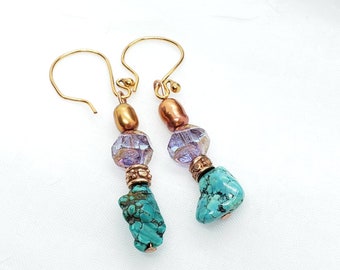 Real Turquoise Earrings, Turquoise and Copper Earrings, Southwest jewelry, Lavender Earrings, Natural Turquoise, Gift for Her, womens gift