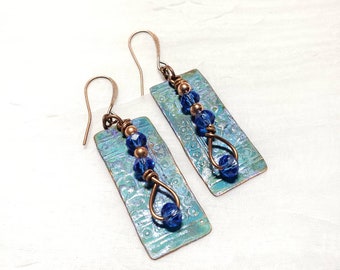 Patina Copper earrings, Athena Ancient Patina Rectangle, Blue crystal rondels, hammered copper, handmade patina jewelry, dangle earrings,