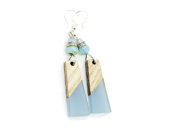 Blue Bohemian Earrings, Boho Earrings,  Wood and Resin Dangle Earrings,  Wooden Earrings, Lightweight Earrings, Light Blue