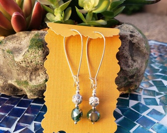Green Crystal Earrings, Czech faceted beads, Drop Earrings, kidney ear wires, silver beads. Boho jewelry, gift for her, dangle jewelry