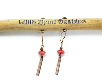 Vintage-Inspired Red Lampwork Earrings | Copper Bar Drop | Rustic Artisan Jewelry