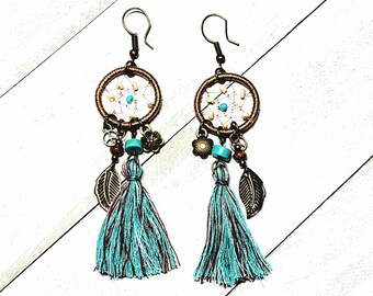 Boho Dreamcatcher Earrings - Antique Gold & Southwest Tassels, Bohemian souls, free spirits