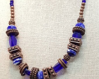Copper and Royal Blue Necklace- Big Bead Beauty!  Statement necklace, handmade jewelry,