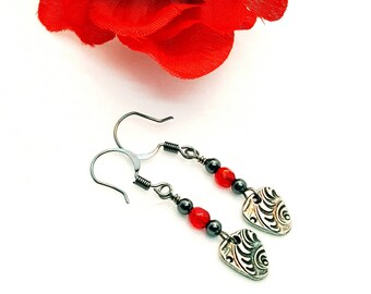 Earrings, Red Dangle Earrings, Antiqued Silver TierraCast, stamped triangle dangles, unique jewelry, Boho Chic, TierraCast charm, floral