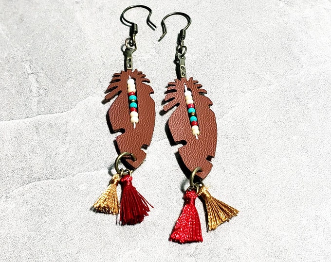 Featured listing image: Leather Feather Earrings, Western Earrings, leather jewelry, leather feather drop jewelry, southwest charm leather drops, Southwest Feather