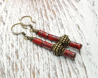 Red Earrings, Czech Picasso red and silver tube beads, Mother's Day gift,  girlfriend gift, copper hearts, gift for her, gift for wife