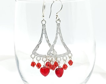 Red Heart chandelier earrings, Boho earrings, July birthstone, Valentines gifts for her, Red Heart beads, silver dangle earrings, chandelier