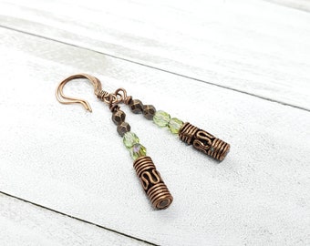 Boho Copper Earrings - Copper Earrings - Green Earrings - Crystal and Copper Earrings , Textured Copper Bar, Green Faceted Fire Beads, love