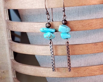 Turquoise earrings with Textured Copper Bar  Dangle, Faux Turquoise stones, copper colored melon bead, womens earrings,  southwestern