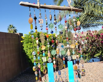 Driftwood Wind Chime, Boho Glass Bead Sun Catcher, Brass Chimes