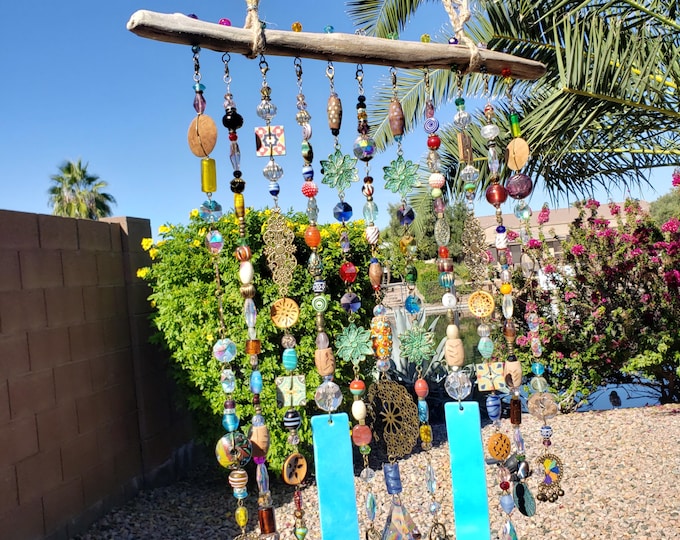 Featured listing image: Driftwood Wind Chime, Boho Glass Bead Sun Catcher, Brass Chimes