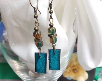 Turquoise Leather Earrings, Western Style Earrings, Teal Leather Earrings, Western Cowgirl Earrings, Rectangular Earrings