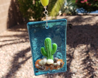 Fused Glass Cactus Suncatcher: Beaded Driftwood Patio Decor, clear glass garden art