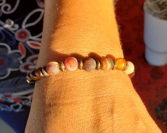 Agate Crackle Stone bracelet, Boho Hippie, natural stone jewelry, wood beads, copper accent beads, handmade jewelry gifts, mala bracelet